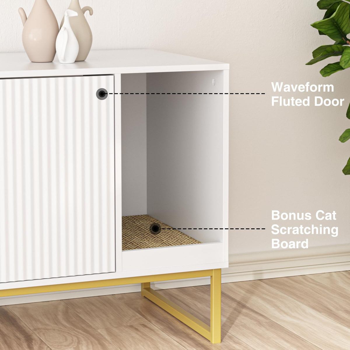 White Cat Litter Box Enclosure with Scratch Pad and Metal Legs T79595
