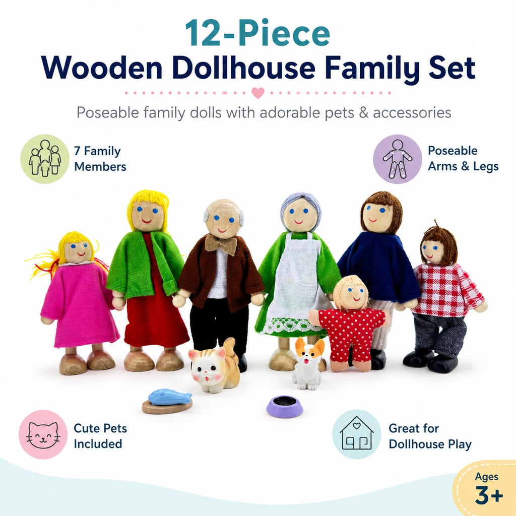 12 Pieces Wooden Dollhouse Family Set with Dog Cat Figures F723