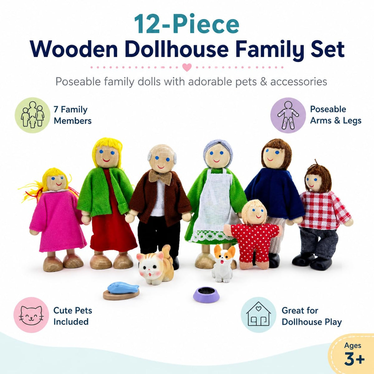 12 Pieces Wooden Dollhouse Family Set with Dog Cat Figures F723