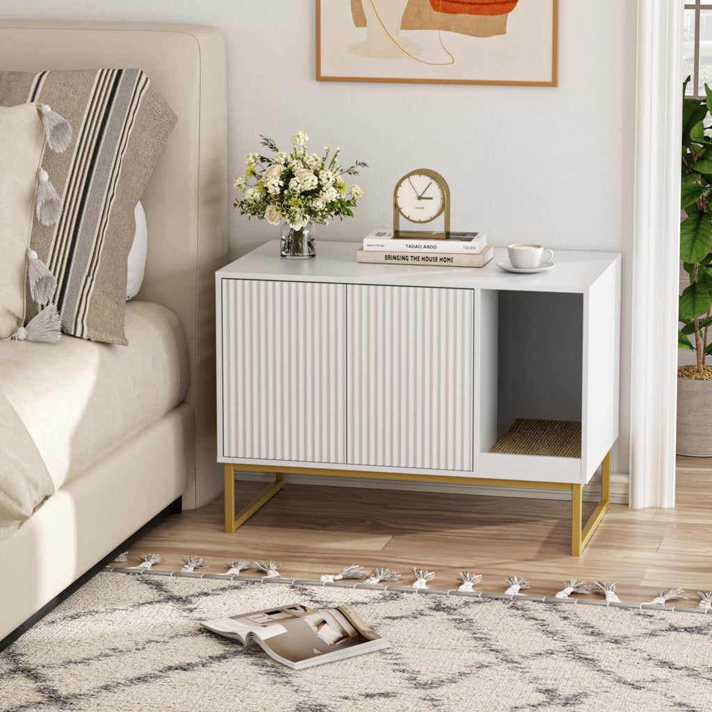 White Cat Litter Box Enclosure with Scratch Pad and Metal Legs T79595