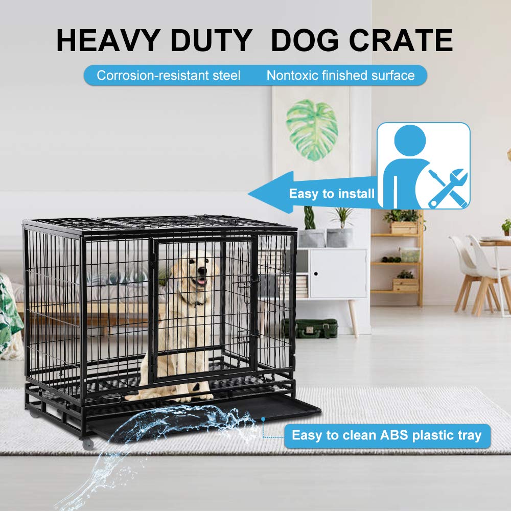 48" Heavy Duty Metal Dog Crate with Lockable Wheels, Double Door & Tray, Black M65321
