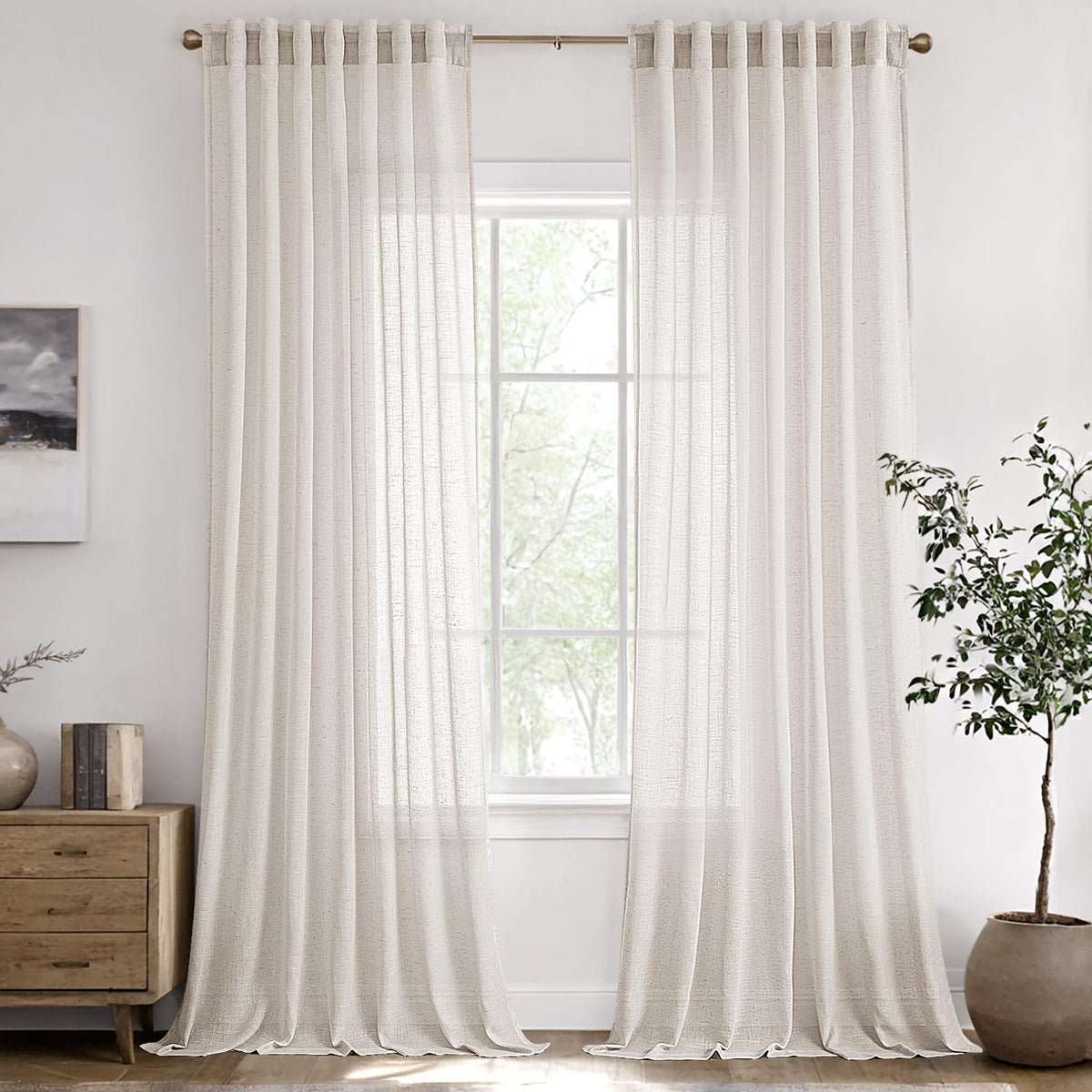 Natural White Semi Sheer Linen Curtains 120 inch 2 Panels X88163