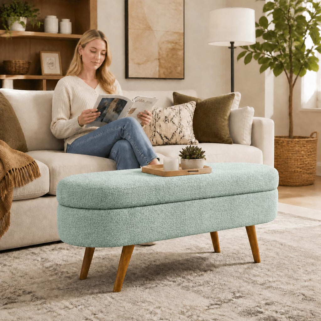 Cream Oval Boucle Storage Ottoman with Wooden Legs U8772