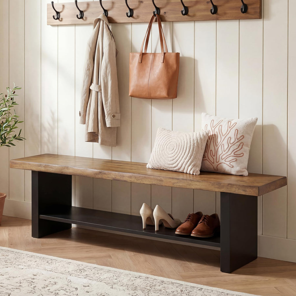 55" Solid Wood 2-Tier Shoe Storage Bench H9426