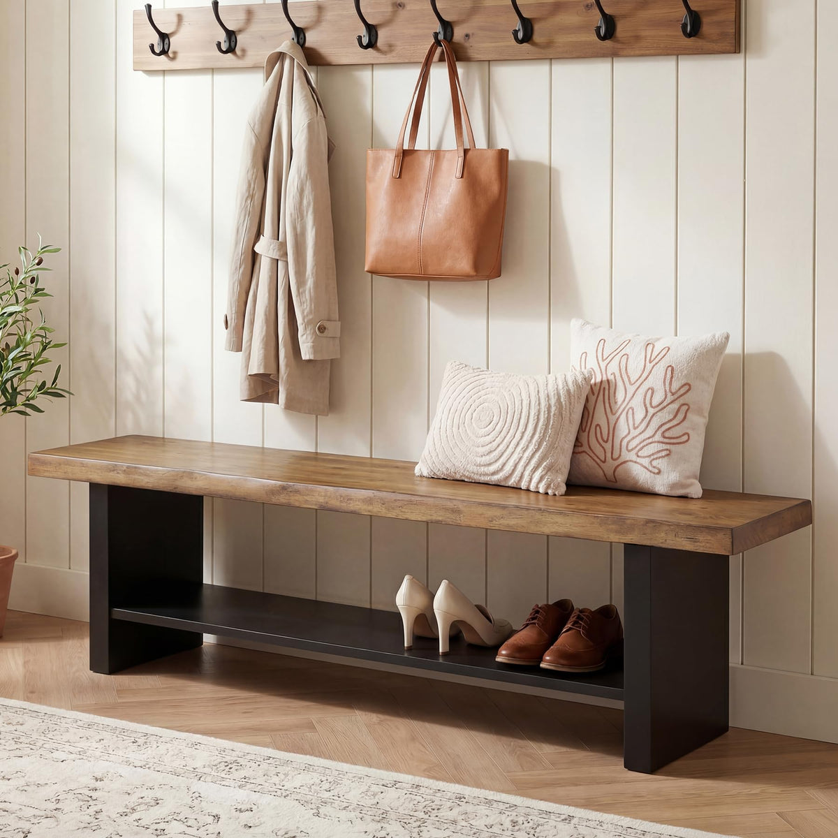 55" Solid Wood 2-Tier Shoe Storage Bench H9426