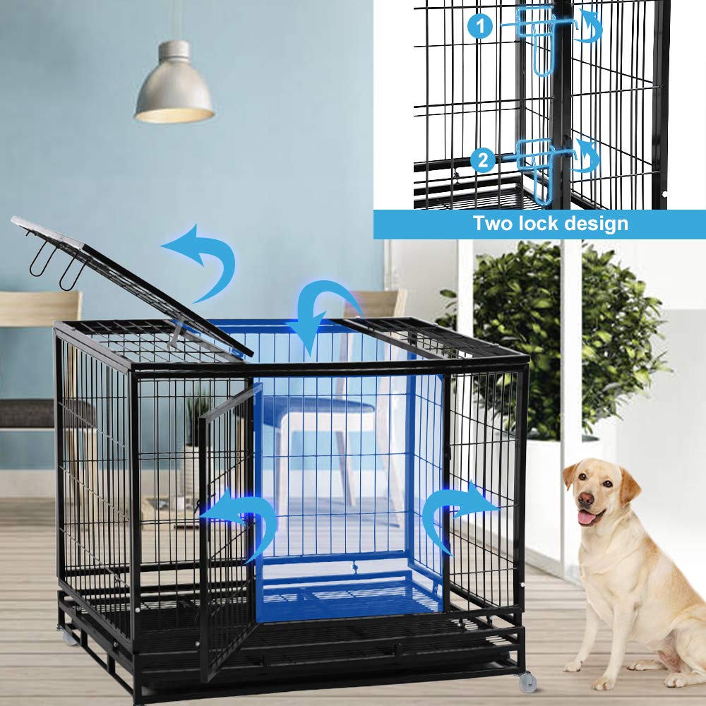 48" Heavy Duty Metal Dog Crate with Lockable Wheels, Double Door & Tray, Black M65321