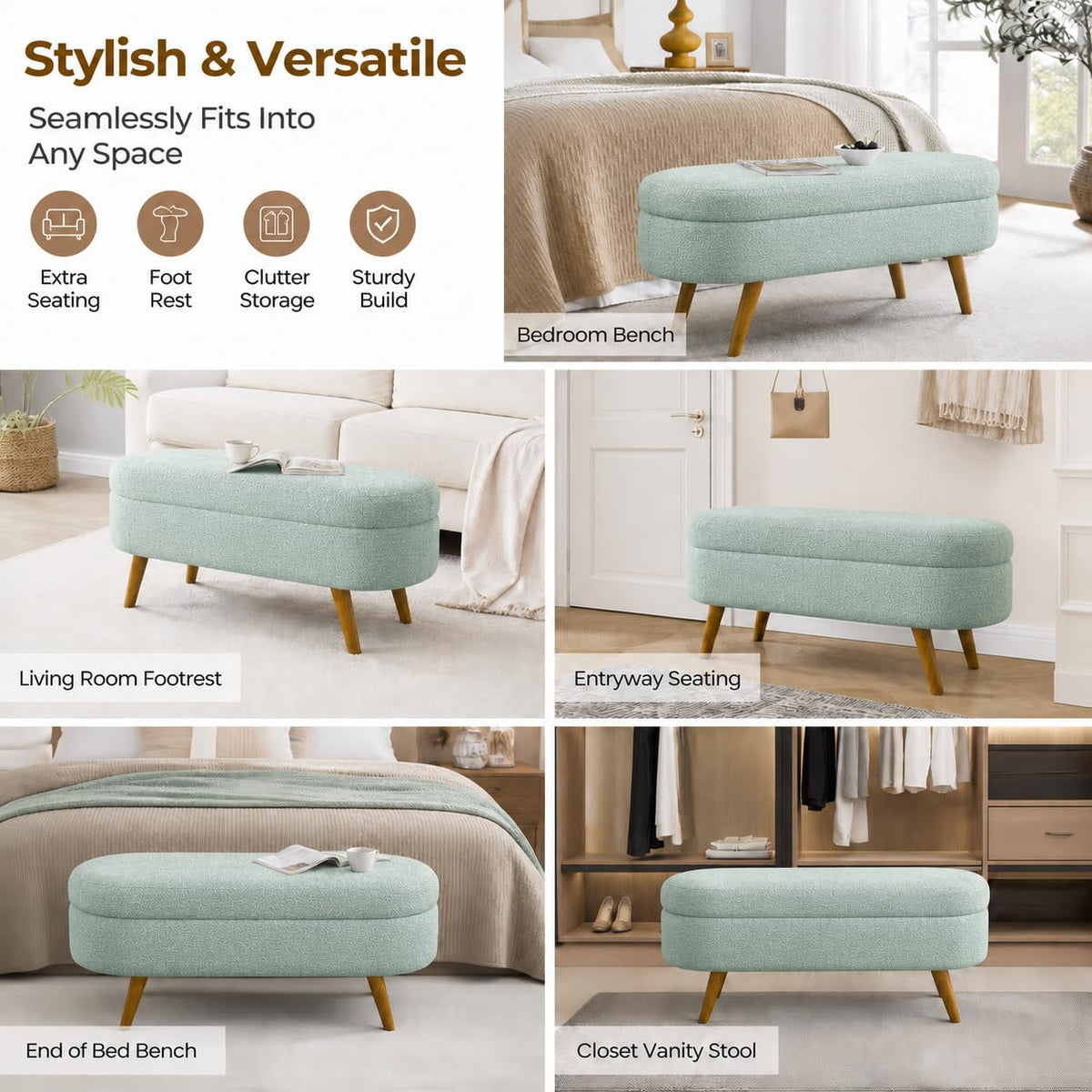 Cream Oval Boucle Storage Ottoman with Wooden Legs U8772