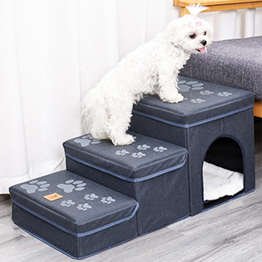 Folding Pet Ramp with Storage, Non Slip Dog Stairs, Grey U98540