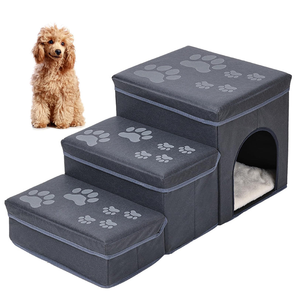 Folding Pet Ramp with Storage, Non Slip Dog Stairs, Grey U98540