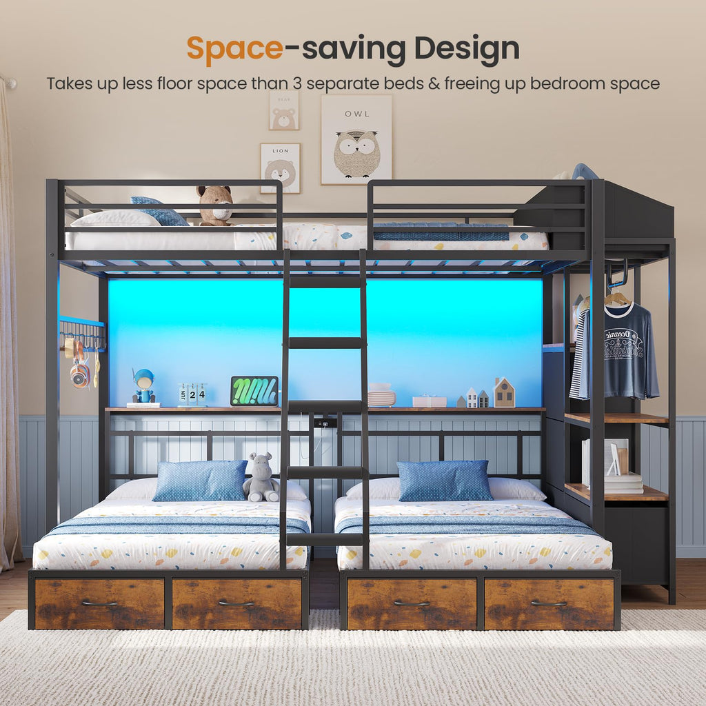 Black Triple Bunk Bed with 8 Storage Drawers and Stair R9465