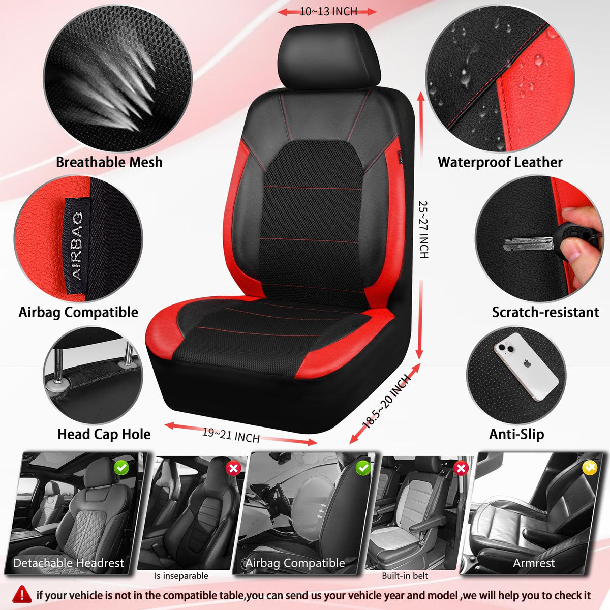 Universal Leather Car Seat Covers Full Set Black Red T6116
