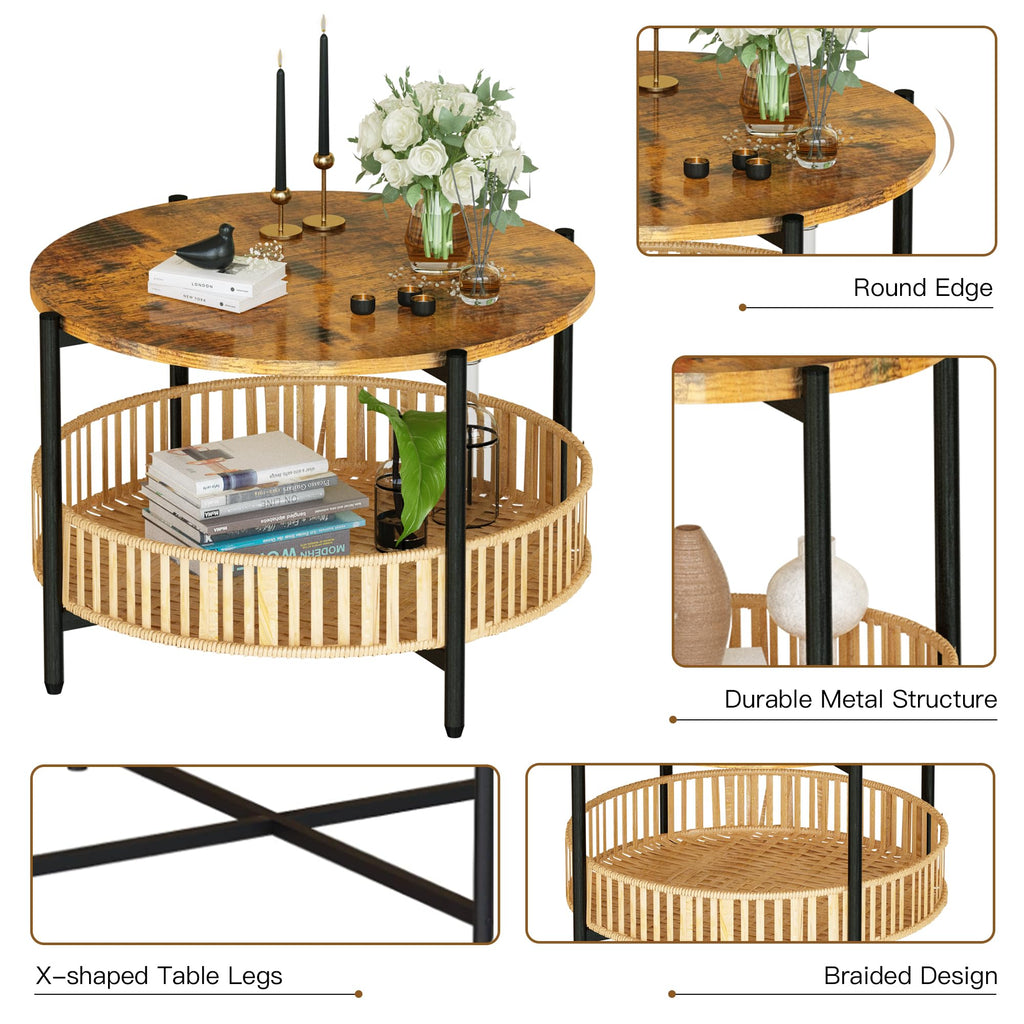 3 Pieces 2 Tier Round Rattan Coffee Table Set with Metal Frame H1105