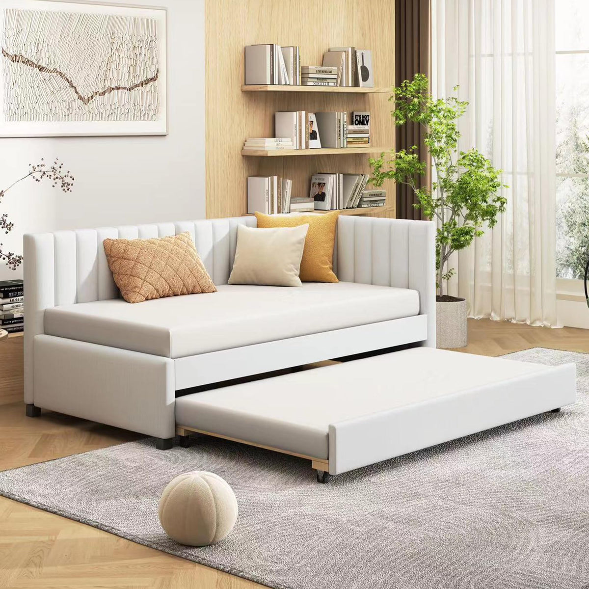 Beige Linen Twin Size Upholstered Daybed with Trundle E734991