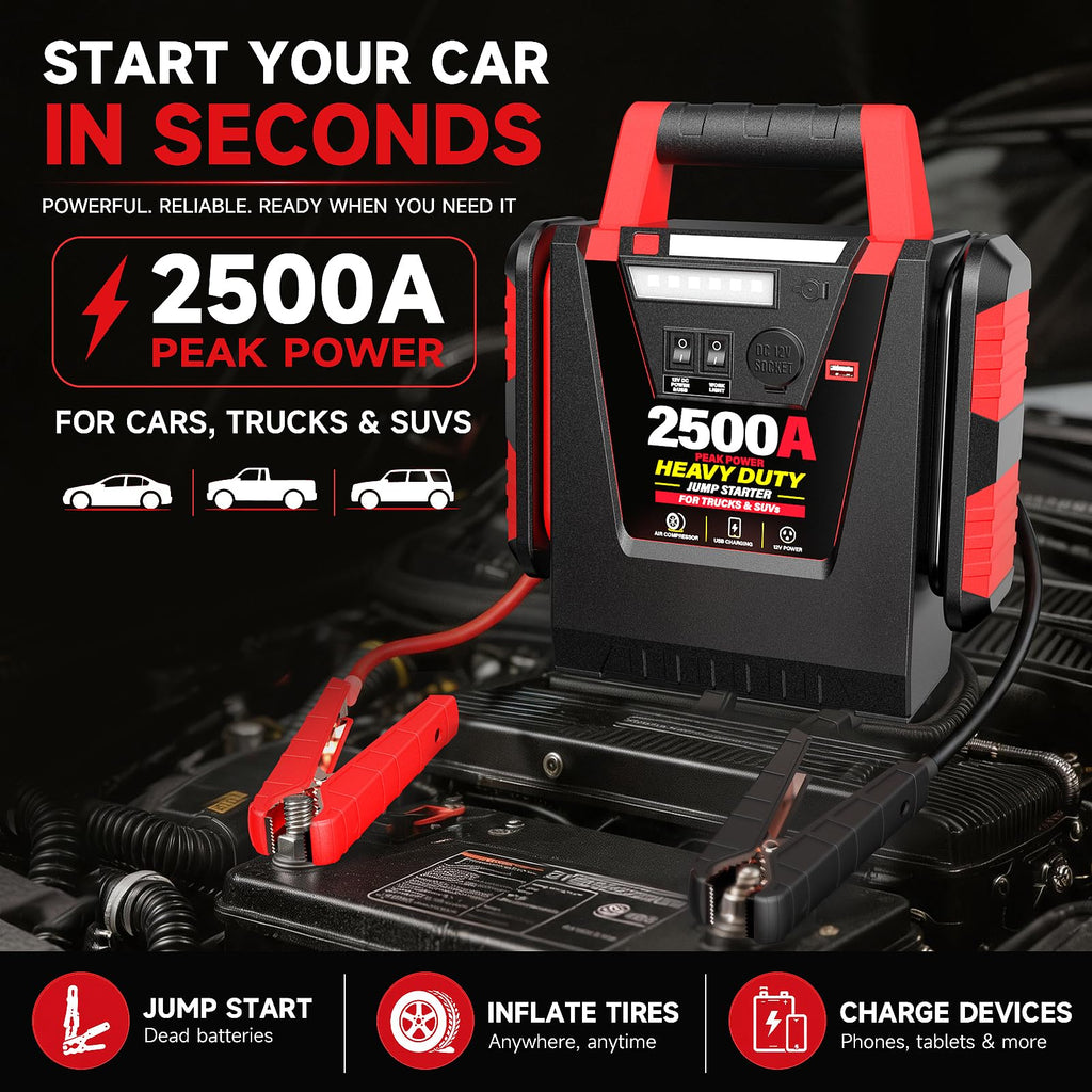 12V Portable Car Jump Starter with Air Compressor and Work Light W817406