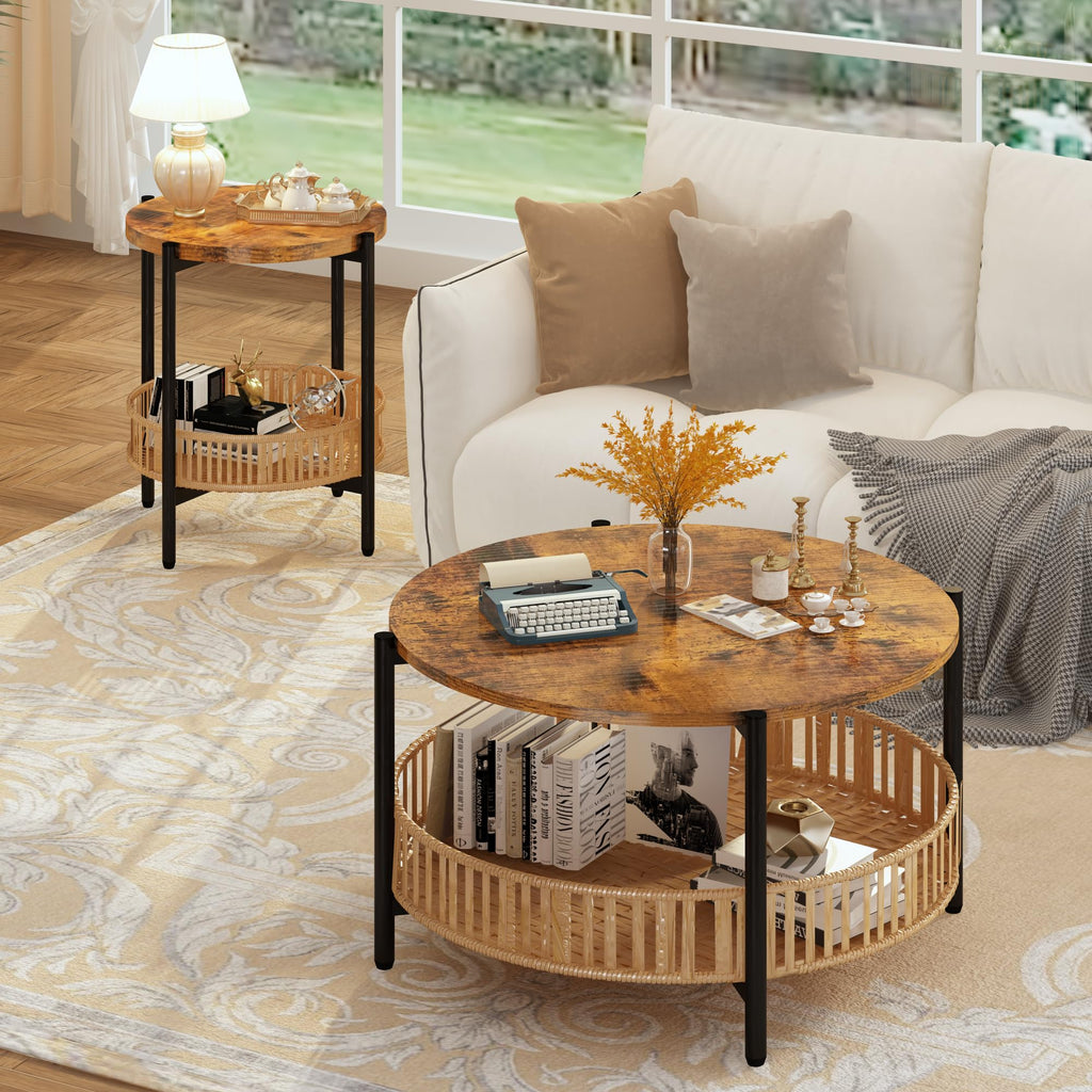3 Pieces 2 Tier Round Rattan Coffee Table Set with Metal Frame H1105