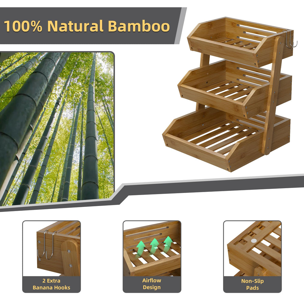 Walnut Bamboo 3 Tier Fruit Basket with 2 Banana Hangers D699