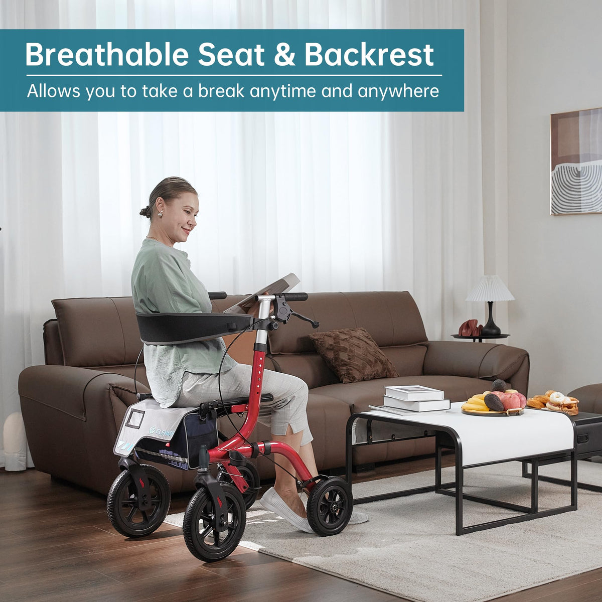 All-Terrain Rollator Walker with Seat, 12” Non-Pneumatic Tire Front Wheels, Compact Folding, Red C2205