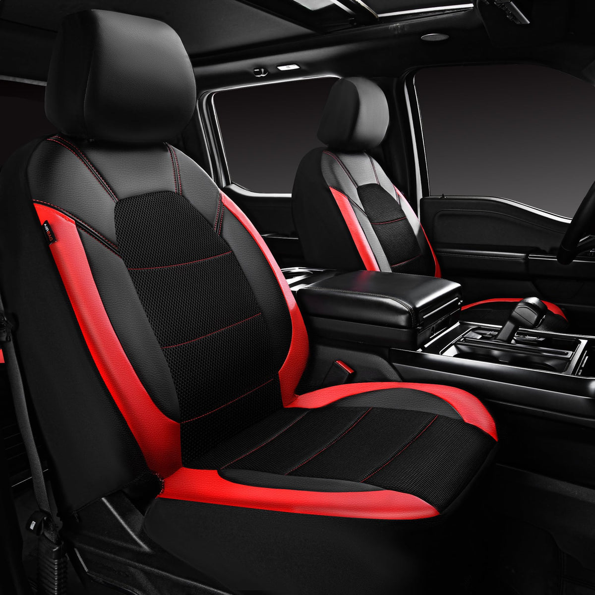 Universal Leather Car Seat Covers Full Set Black Red T6116