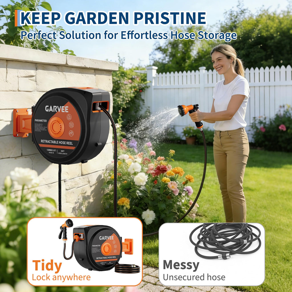 1/2 Inch x 50 ft Wall Mounted Garden Hose Reel with 10 Patterns Nozzle R20997