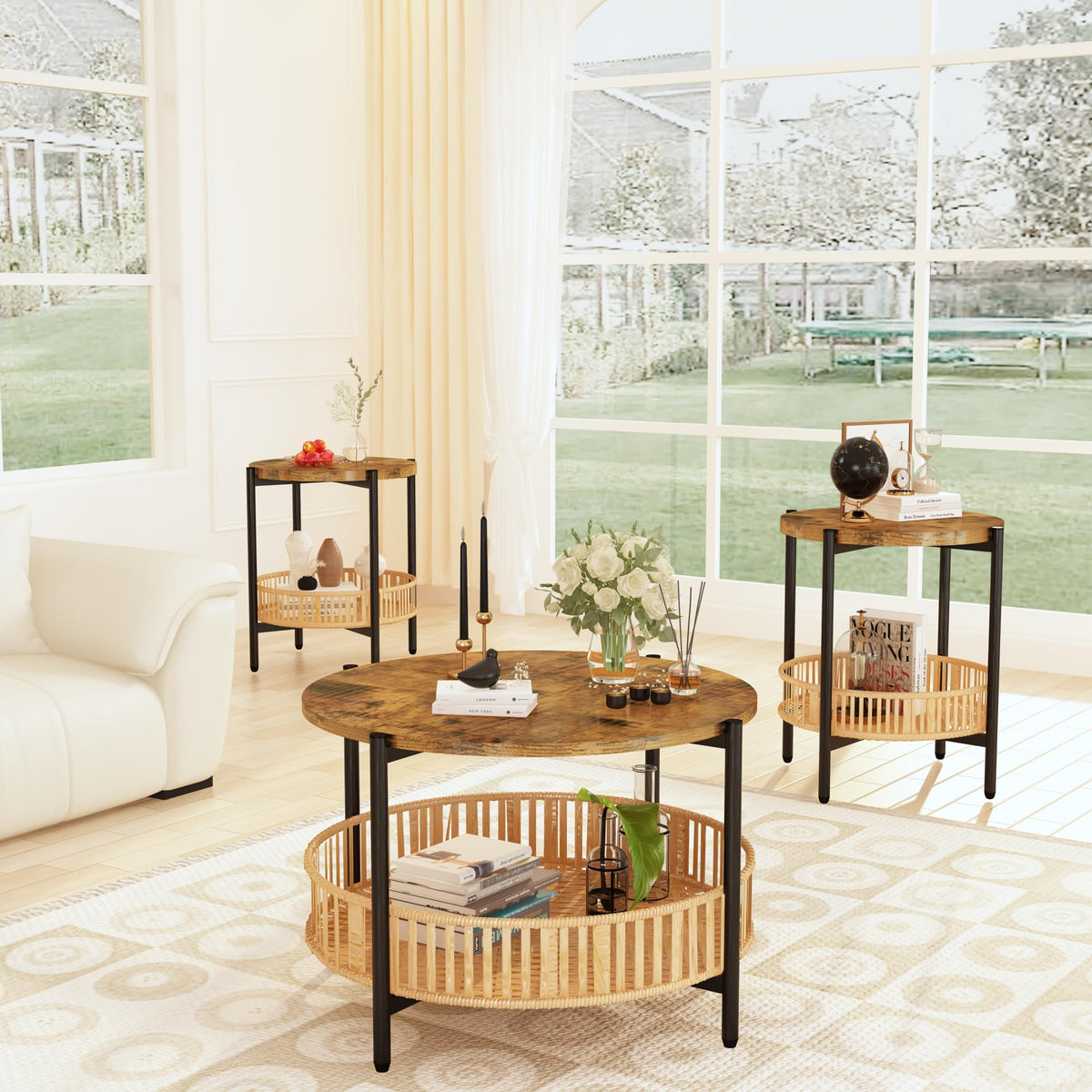 3 Pieces 2 Tier Round Rattan Coffee Table Set with Metal Frame H1105