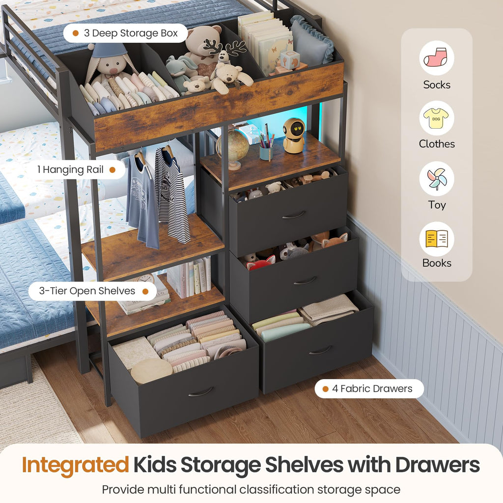 Black Triple Bunk Bed with 8 Storage Drawers and Stair R9465