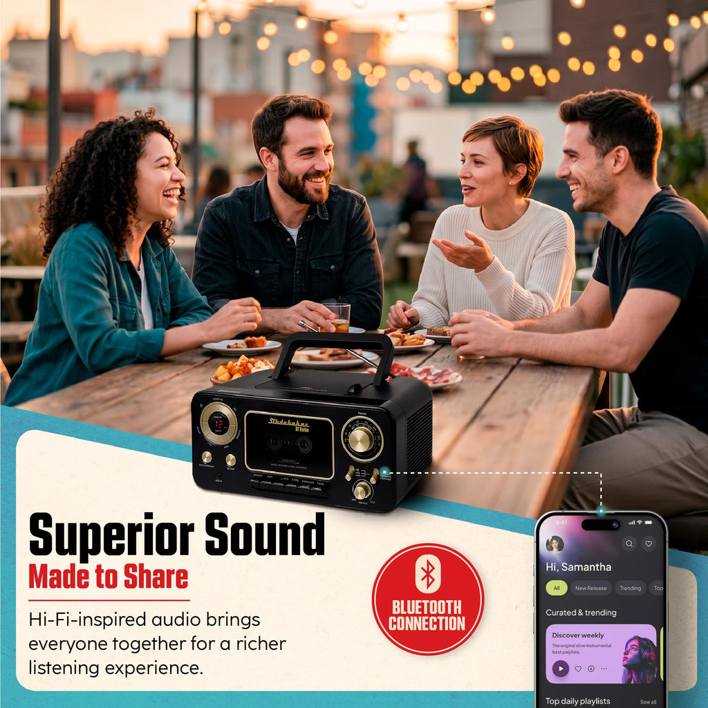 Portable CD Player with Bluetooth, AM/FM Stereo Radio & Cassette Player, Black & Gold U882