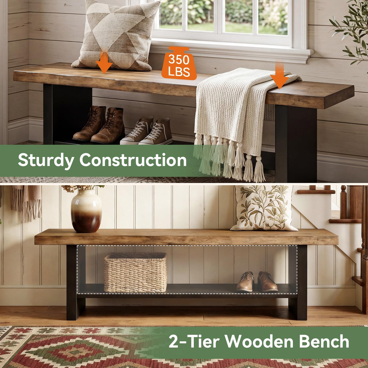 55" Solid Wood 2-Tier Shoe Storage Bench H9426