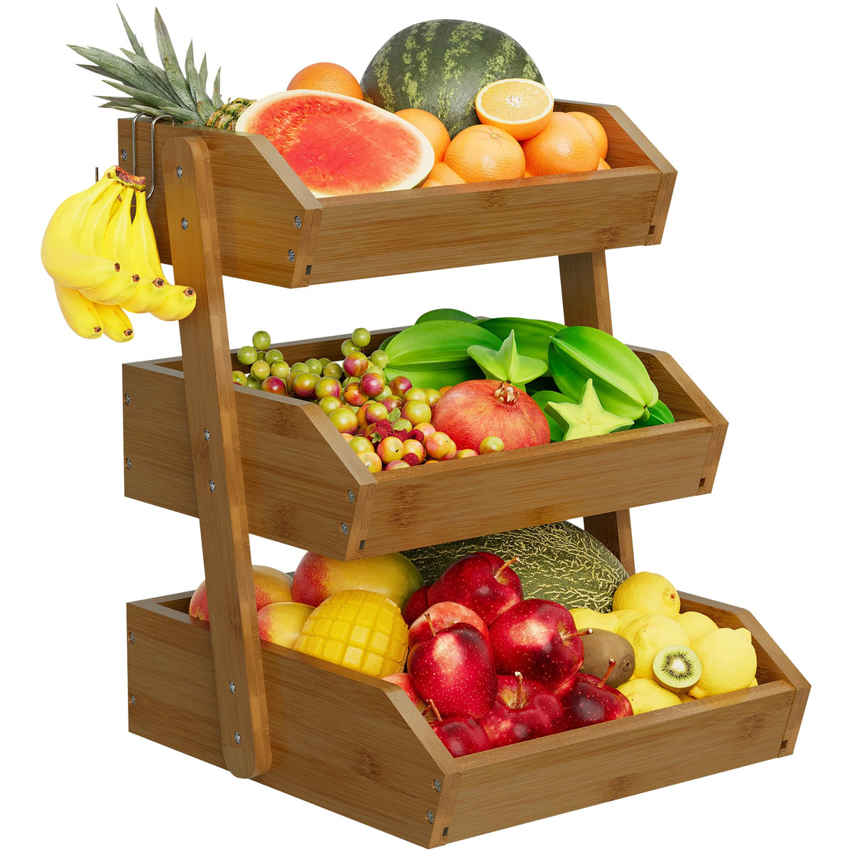 Walnut Bamboo 3 Tier Fruit Basket with 2 Banana Hangers D699