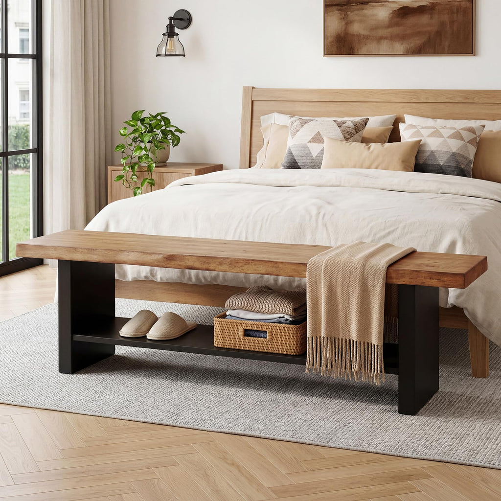 55" Solid Wood 2-Tier Shoe Storage Bench H9426