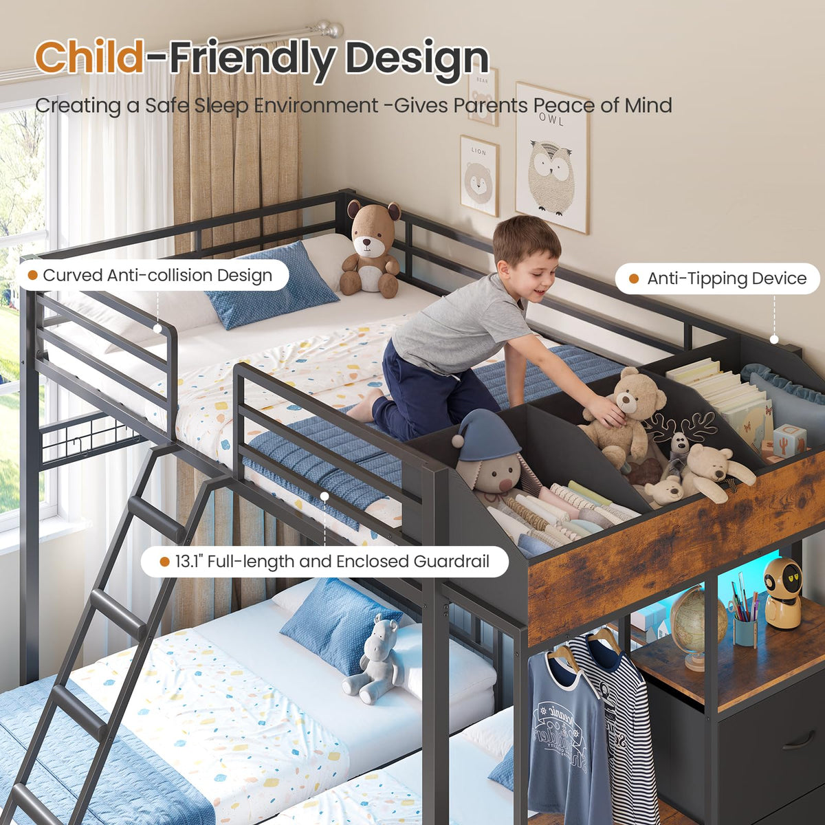 Black Triple Bunk Bed with 8 Storage Drawers and Stair R9465