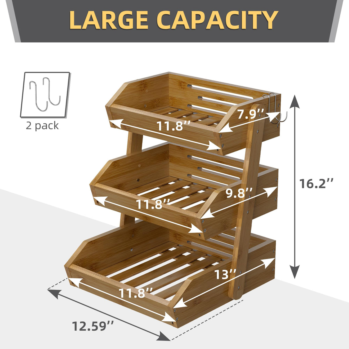 Walnut Bamboo 3 Tier Fruit Basket with 2 Banana Hangers D699