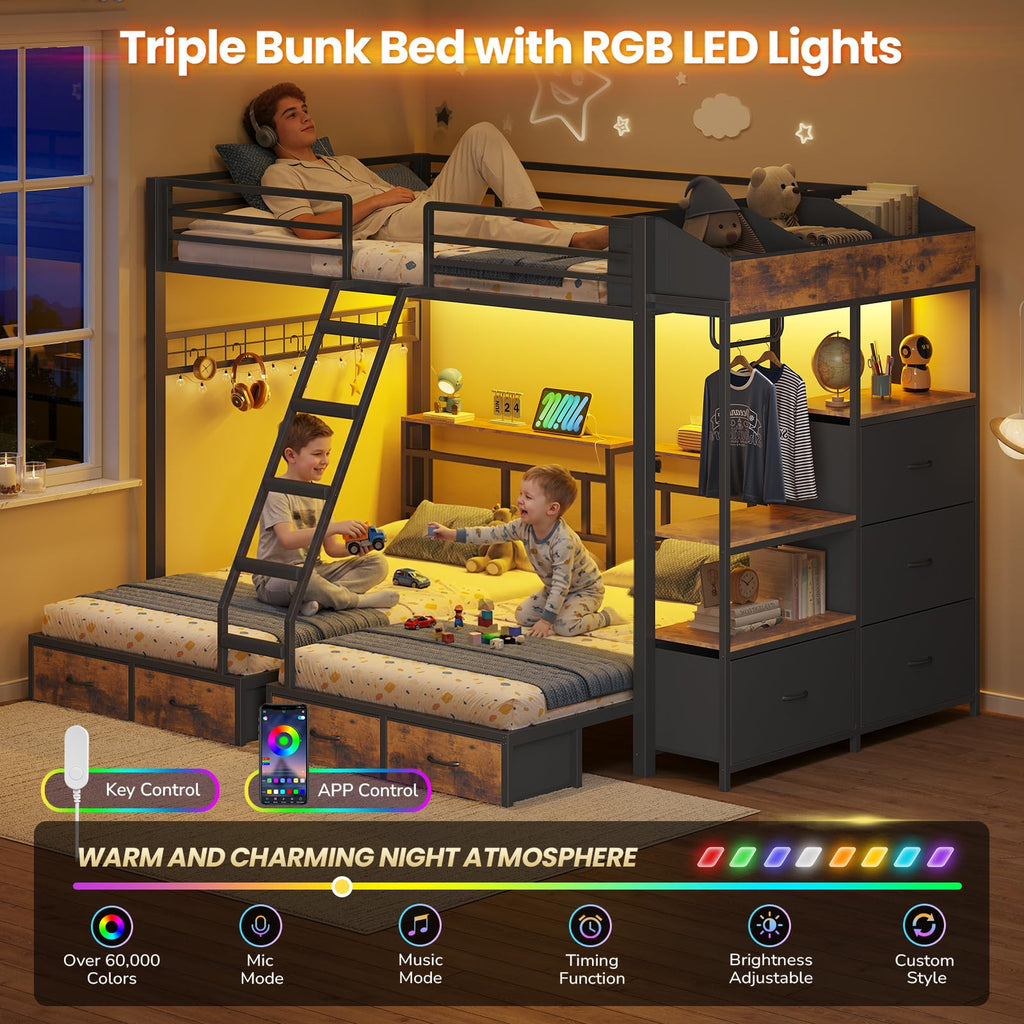 Black Triple Bunk Bed with 8 Storage Drawers and Stair R9465