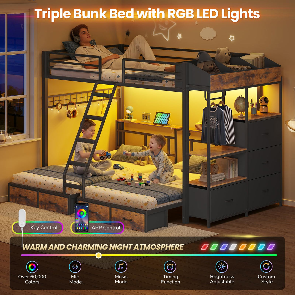 Black Triple Bunk Bed with 8 Storage Drawers and Stair R9465