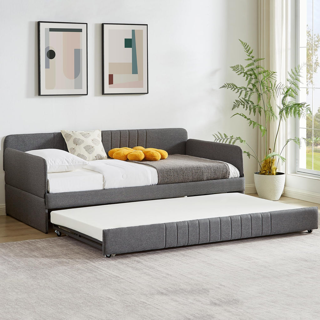 Twin Size Gray Linen Upholstered Daybed with Trundle O8301