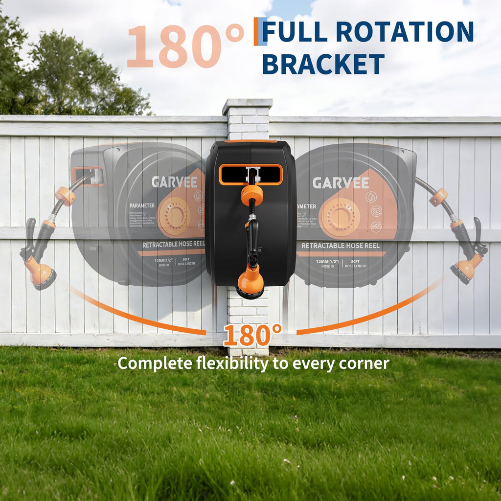 1/2 Inch x 50 ft Wall Mounted Garden Hose Reel with 10 Patterns Nozzle R20997