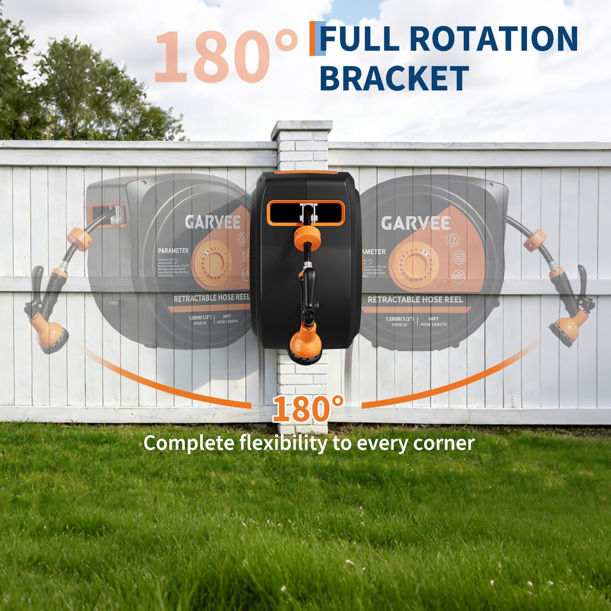 1/2 Inch x 50 ft Wall Mounted Garden Hose Reel with 10 Patterns Nozzle R20997
