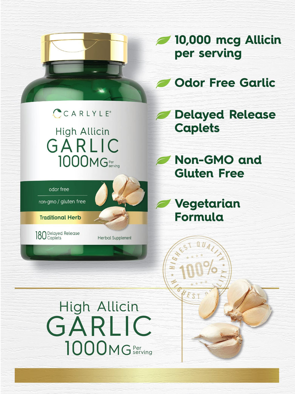 Odorless Garlic Supplement 1000mg 180 Caplets U943186