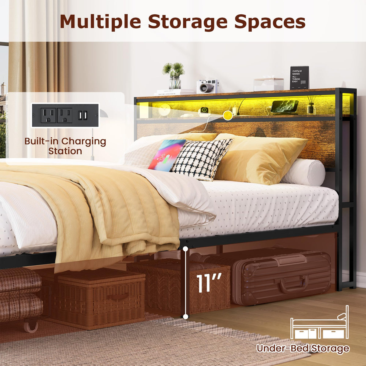 Full Size Metal Platform Bed Frame with 2 Storage Drawers H2785