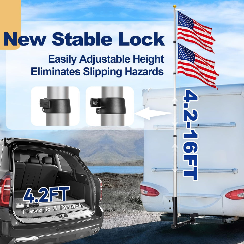 16FT Silver Thickened Aluminum RV Flagpole K108