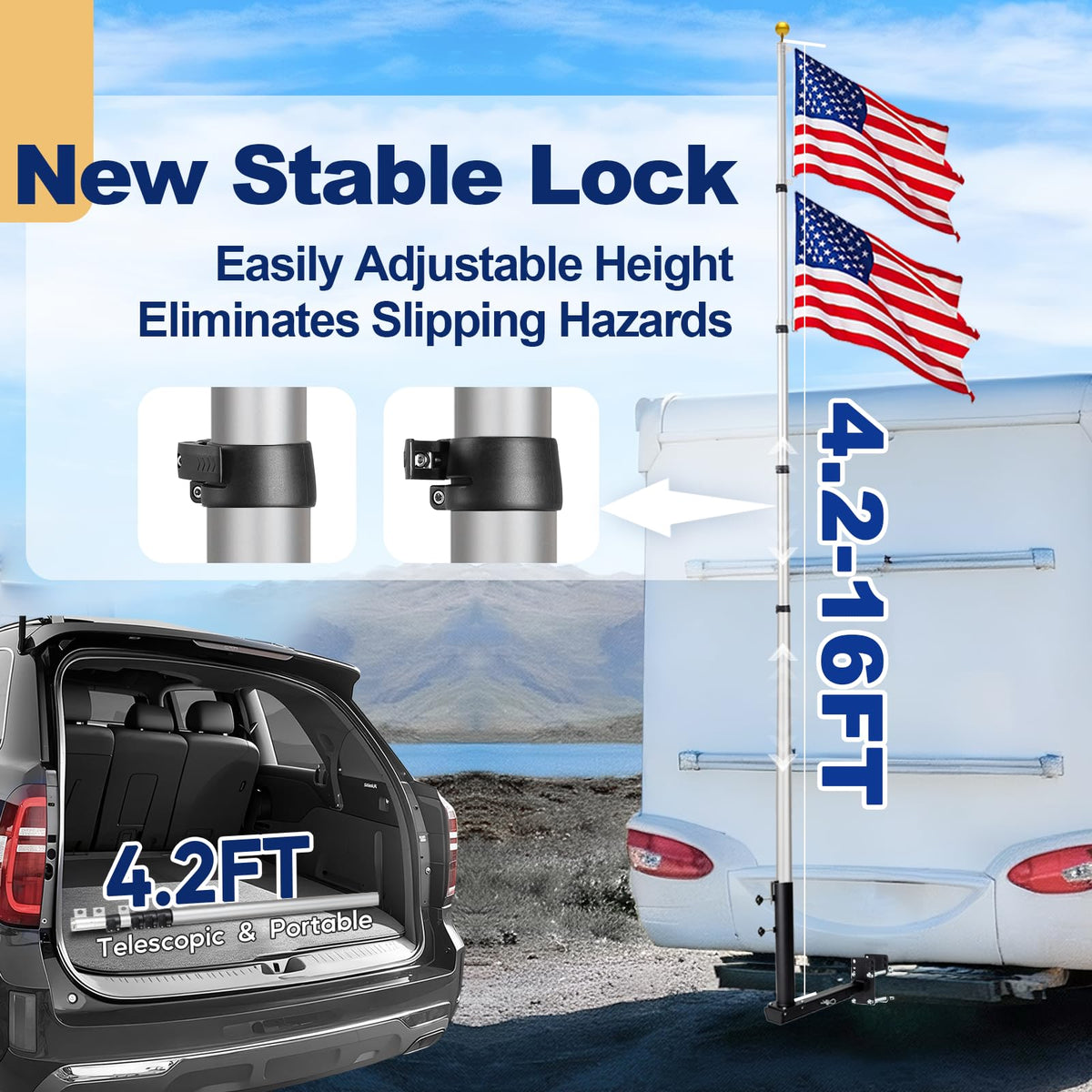 16FT Silver Thickened Aluminum RV Flagpole K108