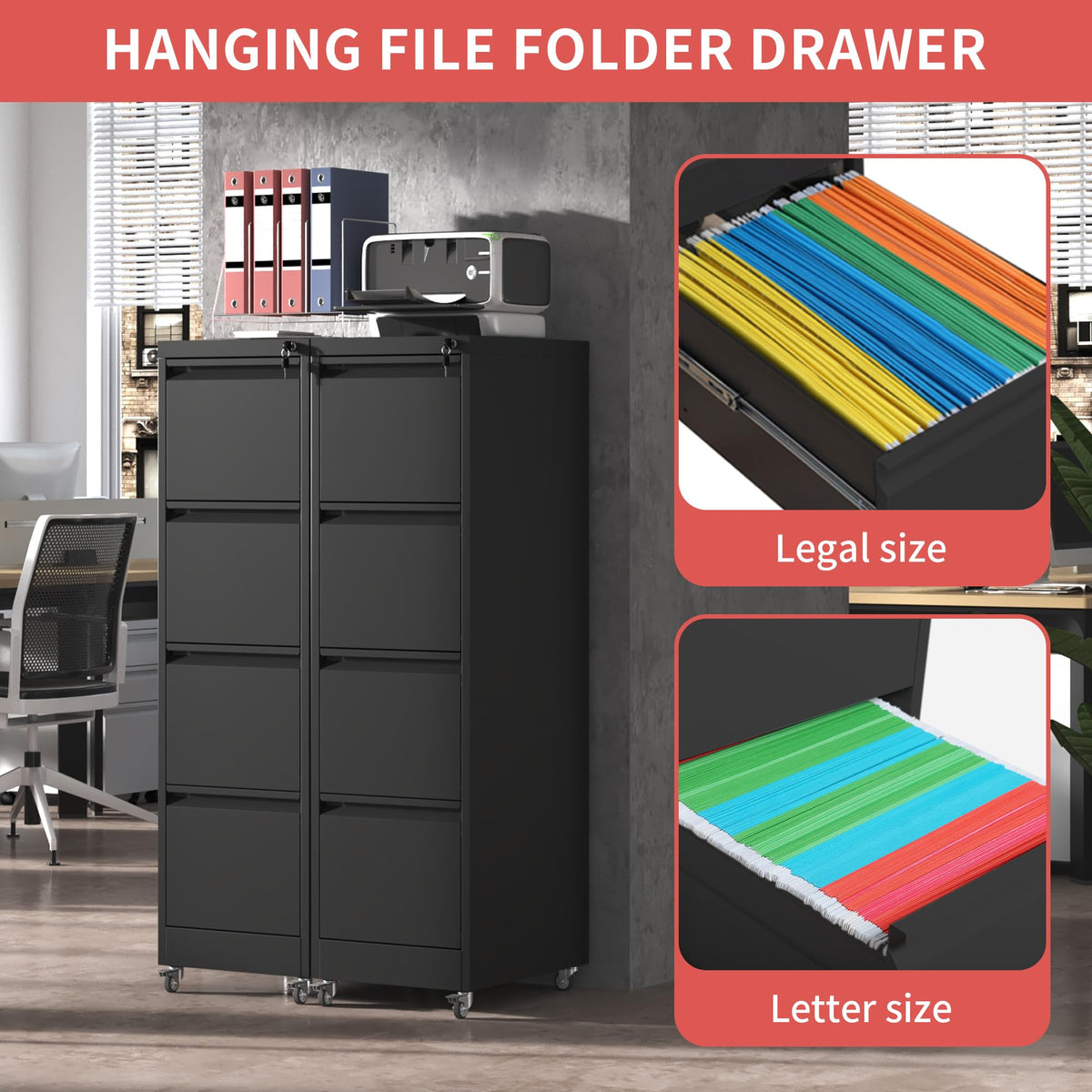 4 Drawer Black Metal File Cabinet with Lock K748