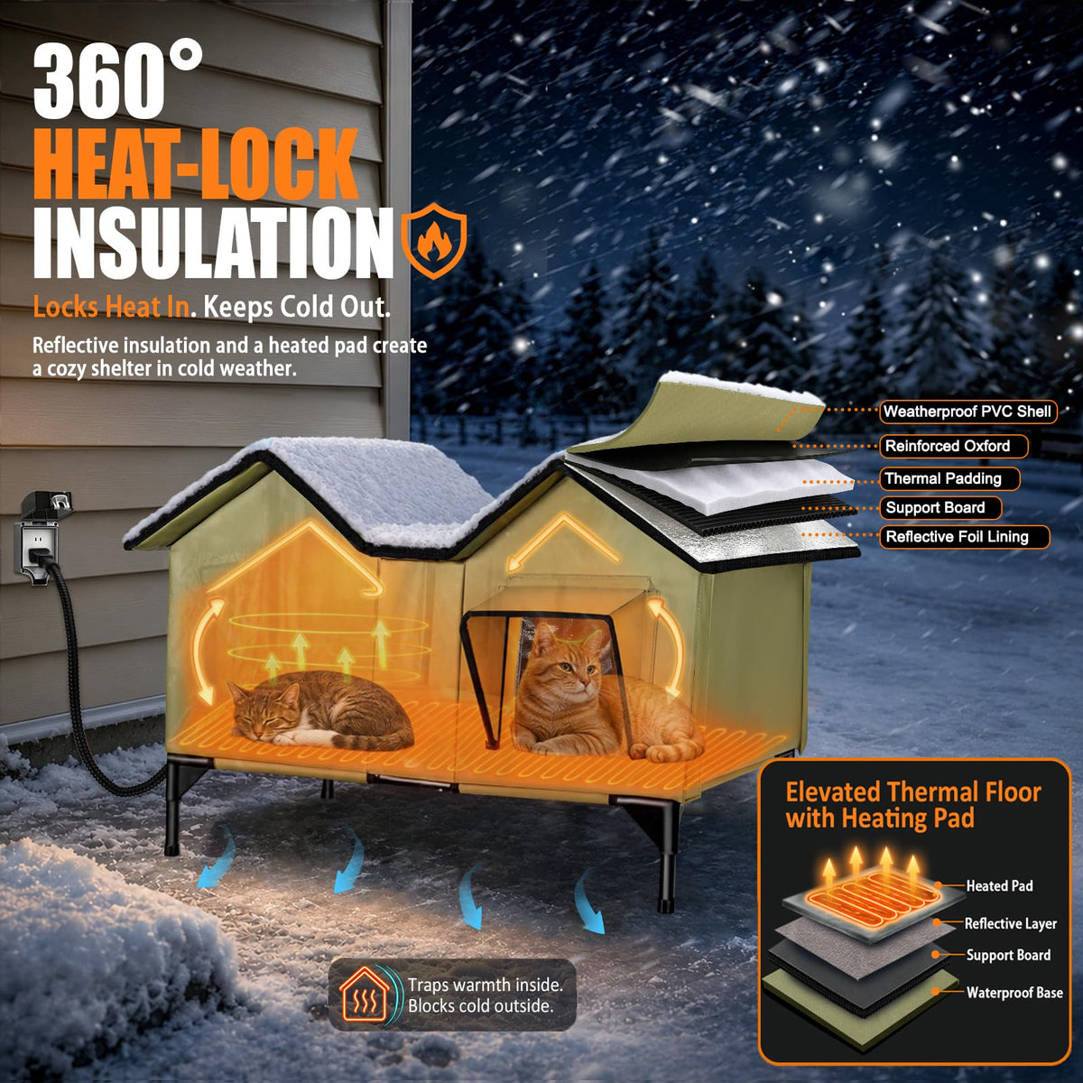 Heated Weatherproof Insulated Outdoor Cat House with Heating Pad S886592
