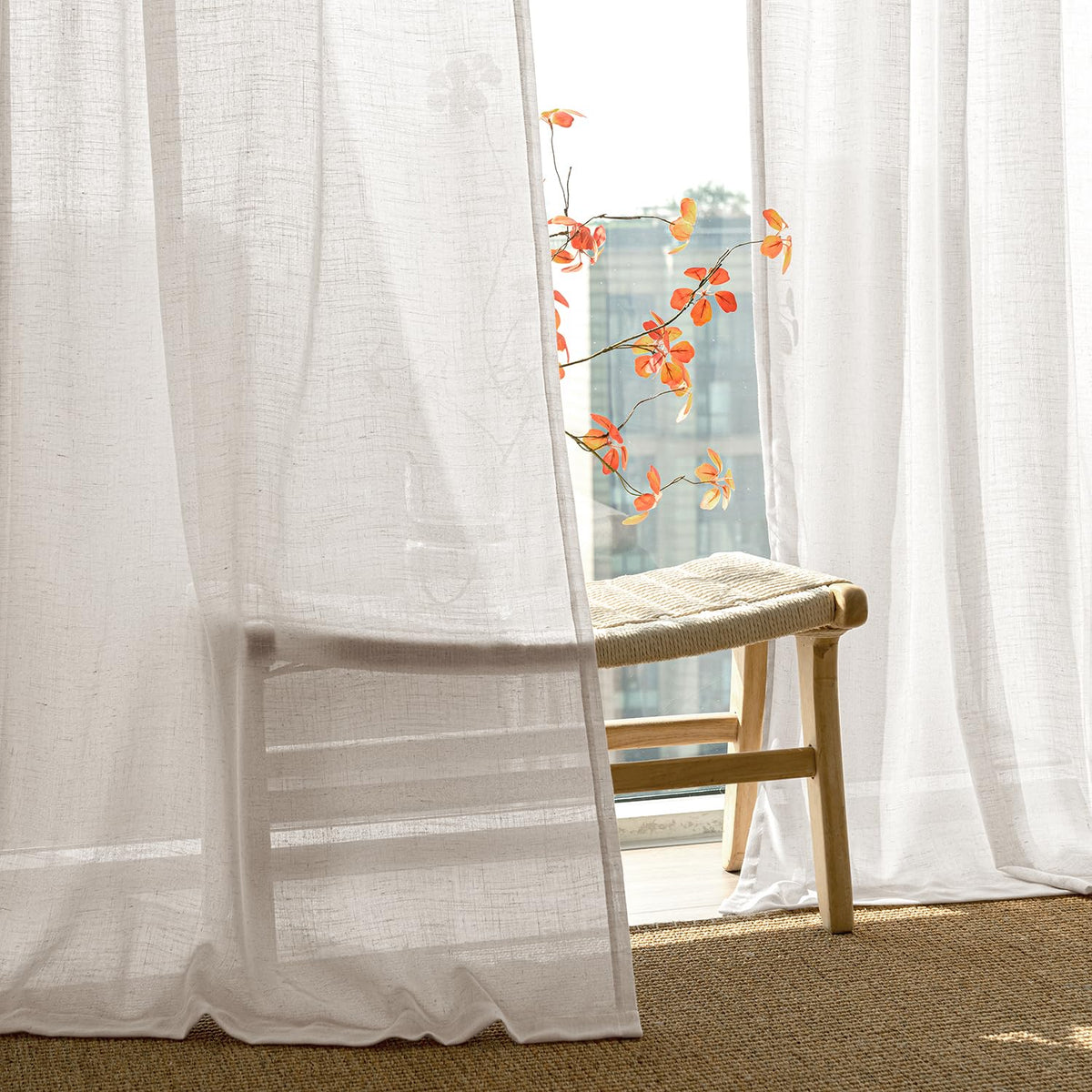 Natural White Semi Sheer Linen Curtains 120 inch 2 Panels X88163