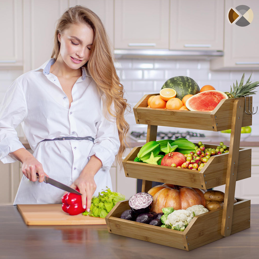 Walnut Bamboo 3 Tier Fruit Basket with 2 Banana Hangers D699
