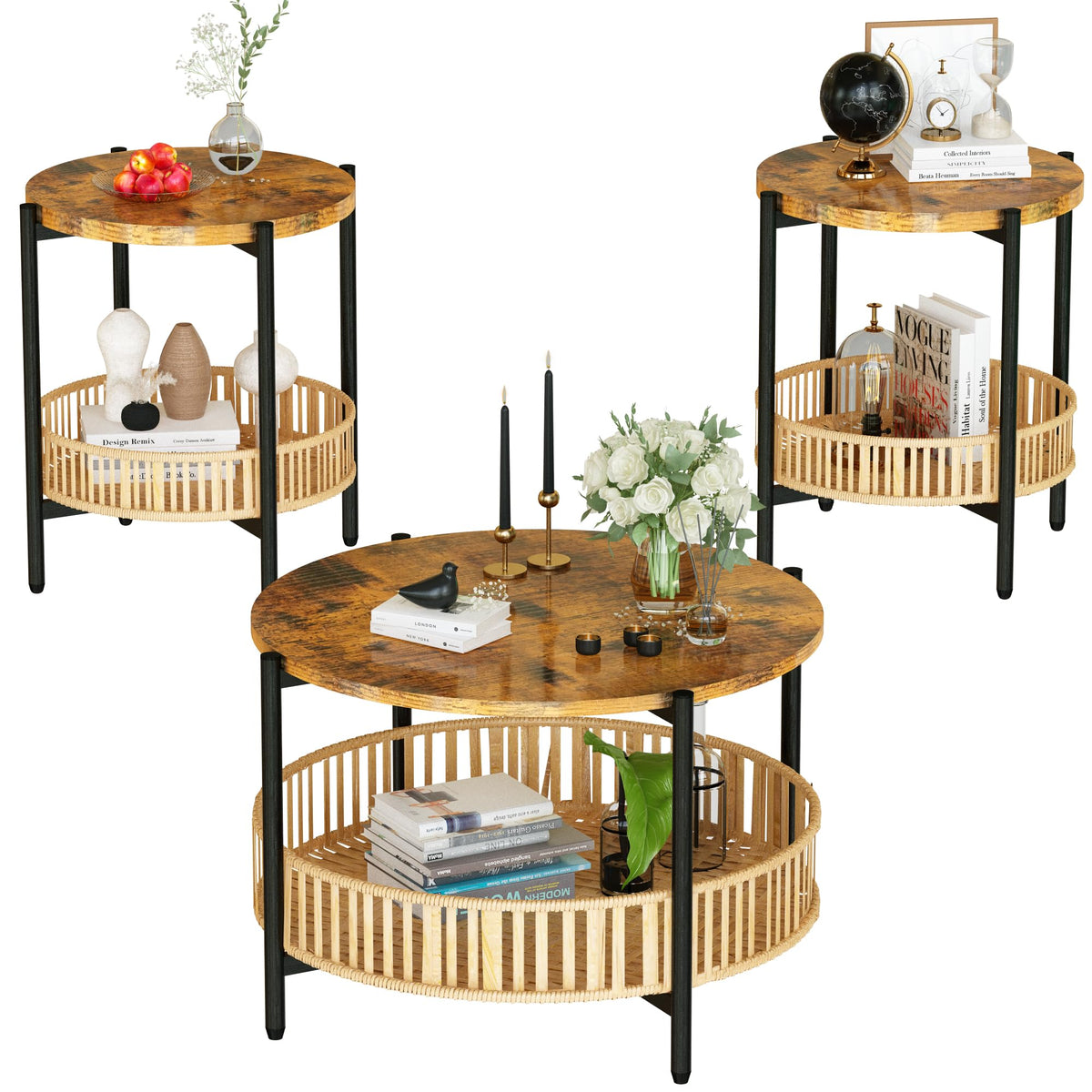 3 Pieces 2 Tier Round Rattan Coffee Table Set with Metal Frame H1105