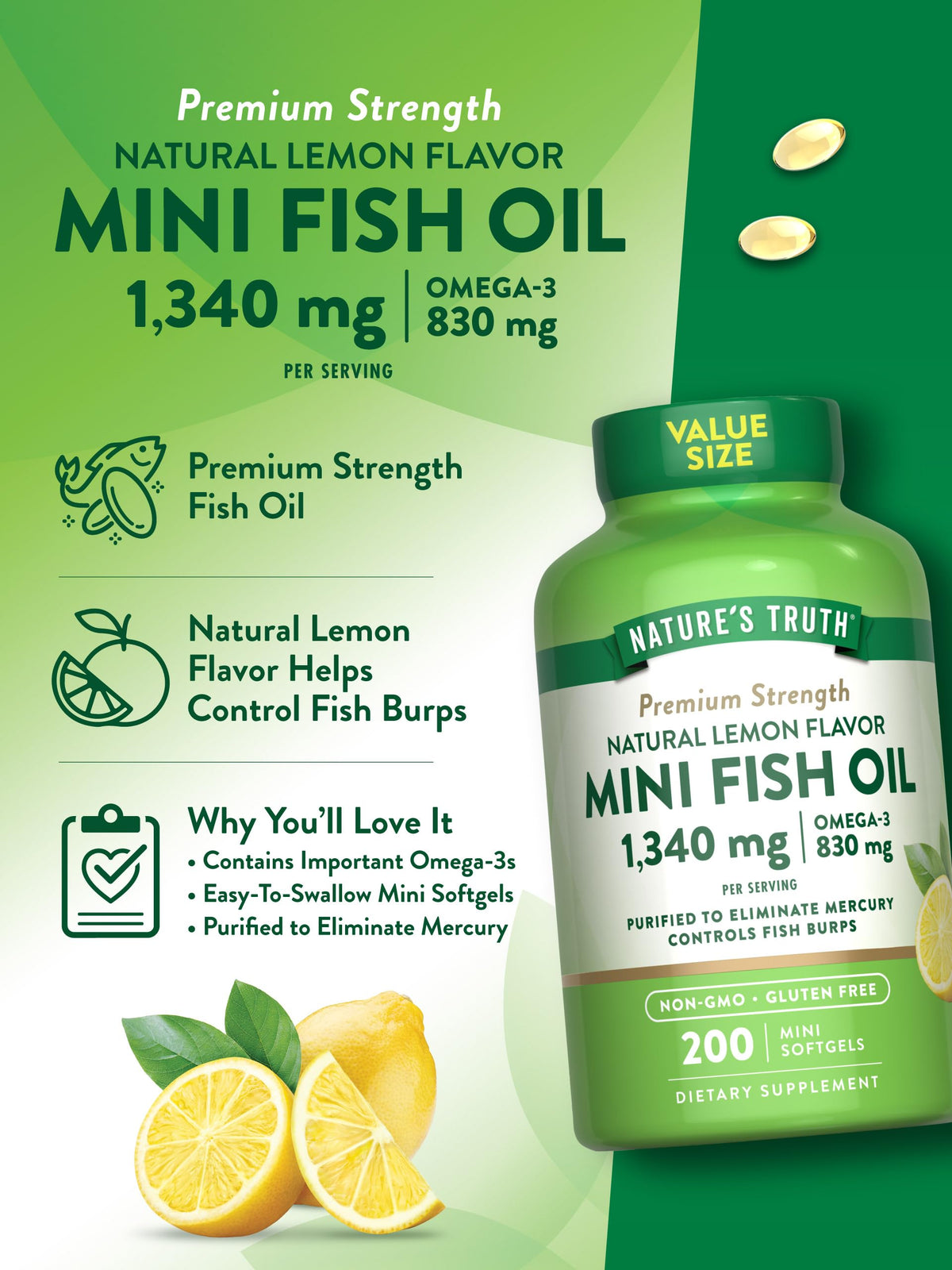 Fish Oil Omega 3 1340 mg 200 Mini Softgels R281499