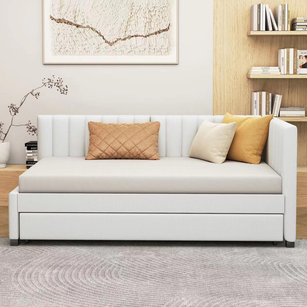 Beige Linen Twin Size Upholstered Daybed with Trundle E734991