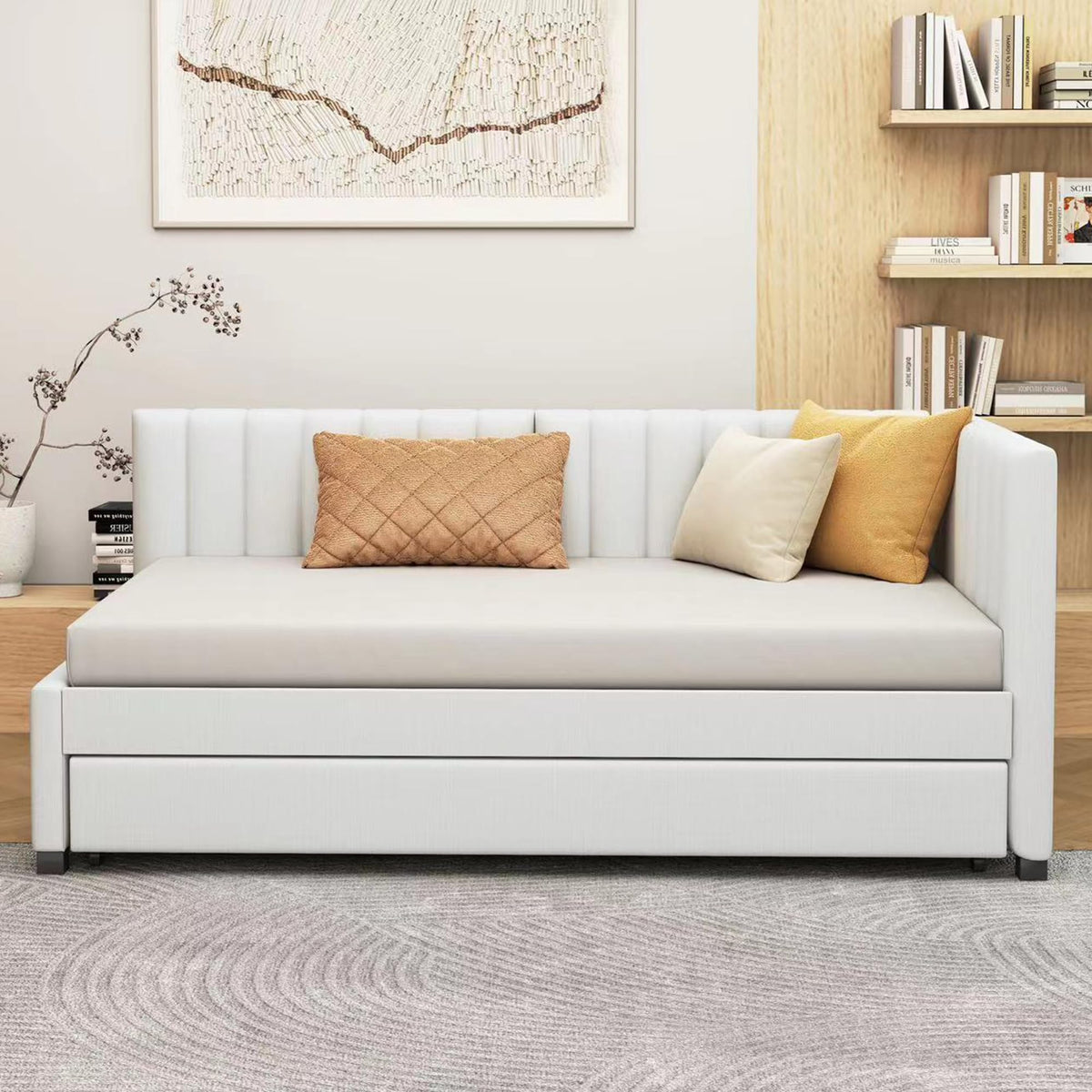 Beige Linen Twin Size Upholstered Daybed with Trundle E734991