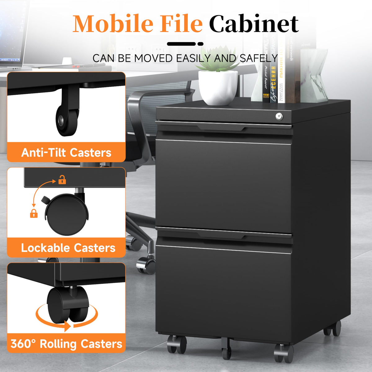 2 Drawer Black File Cabinet with Lock L1283