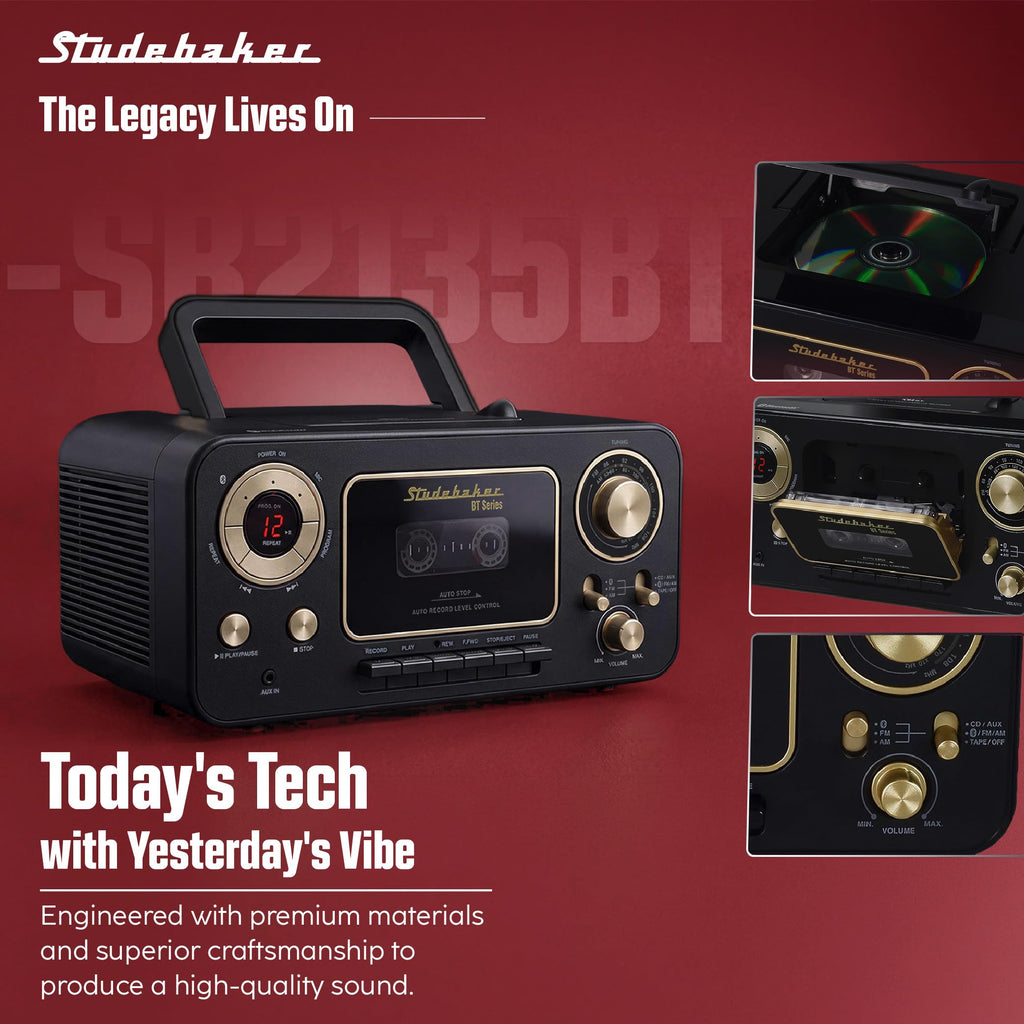 Portable CD Player with Bluetooth, AM/FM Stereo Radio & Cassette Player, Black & Gold U882